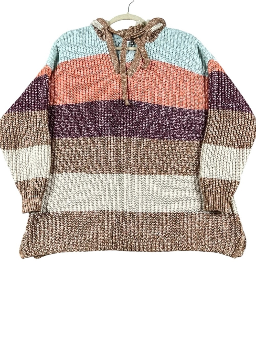 C&C California Beachy Cozy Earth Tone Striped Hooded Slouchy Sweater - Sz 1X